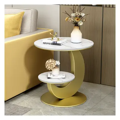 Round Faux Marble 2 Tier End Table Modern White & Gold Side Table