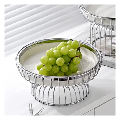 White Fruit Basket Round Decorative Bowl Ceramic & Metal Snack Serving Tray