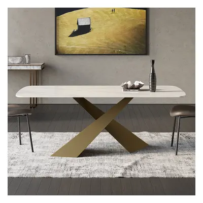 71" White Stone Top Rectangle Modern 8 Seater Dining Table Antique Brass X-Base