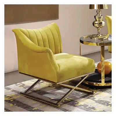 Yellow Velvet-upholstered Accent Chair with Right Side Armrest and Gold Legs