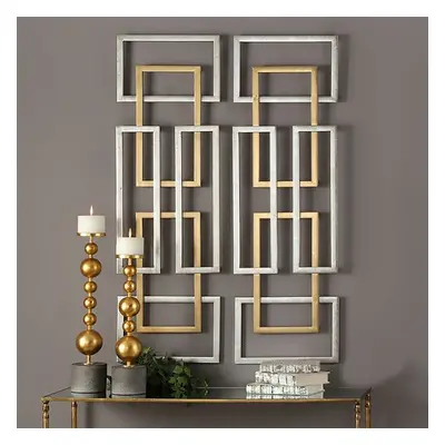 2 Pieces Big Metal Wall Decor Set Modern Gold & Silver Rectangle Art Living Room Bedroom