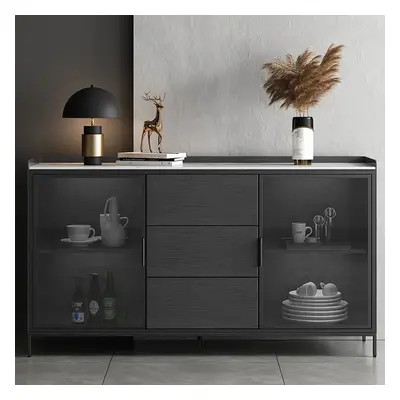 1500mm Black Sideboard Buffet Doors&Drawers Stone Top Modern Sideboard Cabinet in Large