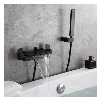 Wall Mount Waterfall 2-Handle Matte Black Bathtub Filler Faucet with Hand Shower