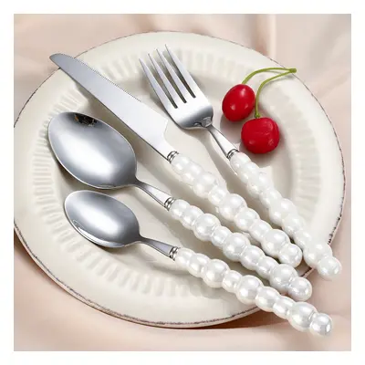 Modern Flatware Set for 4 Ceramic Unique White Pearl 16-Piece Cutlery Set