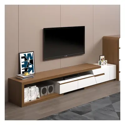 Modern Extendable TV Stand White & Walnut with Storage & Bookshelf & Drawer