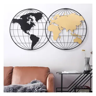 1105mm Modern Geometry World Map Wall Decor with Metal Round Frame in Black & Gold