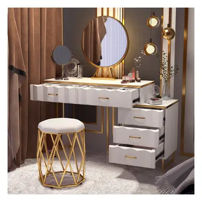 Modern White Extendable Makeup Vanity 5 Drawers Dressing Table Set with Stool and Mirror