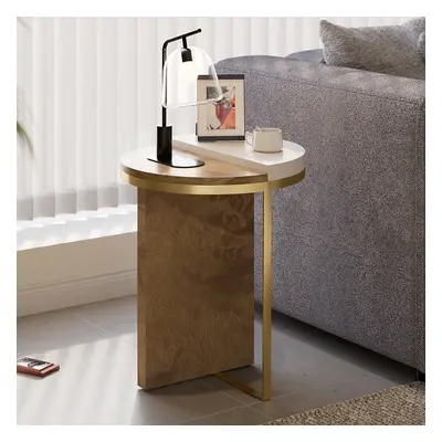 White Round Side Table with Burl Wood Gold Stainless Steel End Table