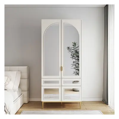 Modern Farmhouse White Armoire Clothes Cabinet with Arched Mirror 2 Drawers & 4 Doors