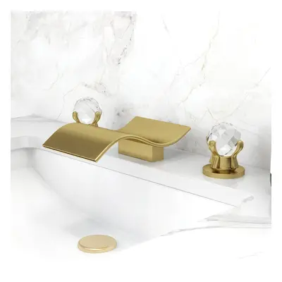 Deck Mount 3 Hole Waterfall Dual Crystal Lever Bathroom Basin Tap in Brushed Gold