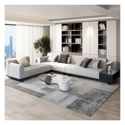 157" Cotton and Linen L-Shaped Sectional Sofa Modern Light Gray Sectional with Storage Side Tabl