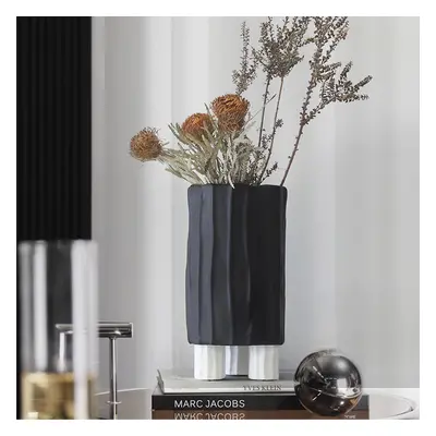 Black & White Cylinder Resin Flower Vase with Vertical Stripes Abstract Geometric Decor