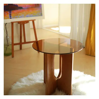 Tea Tempered Glass End Table Solid Wood Side Table