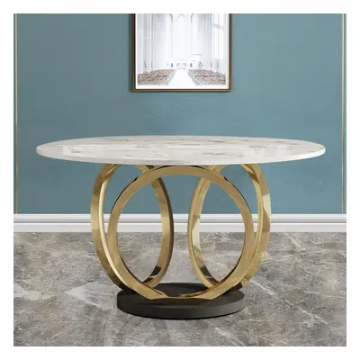 59.1" Contemporary Round Dining Table with Faux Marble Top in White & Gold