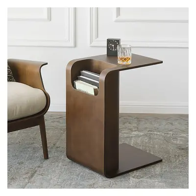 Oak Wood C-Style End Table with Magazine Rack Organizer C Side Table in Walnut