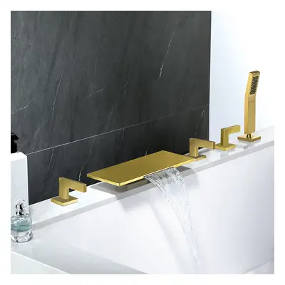 Modern Waterfall Tub Filler Deck Mounted Bathtub Tap with Handshower in Brushed Gold