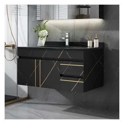 35" Floating Bathroom Vanity Faux Marble with Single Ceramic Sink Black