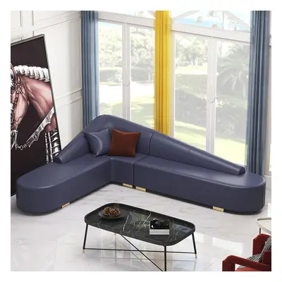 Modern Blue Faux Leather Sectional Upholstered L-Shaped Corner Sofa