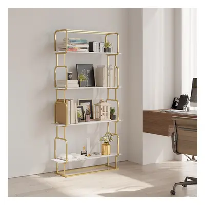 1800mm Modern White Tall Freestanding Wooden Office 4 Shelves Etagere Bookcase in Gold