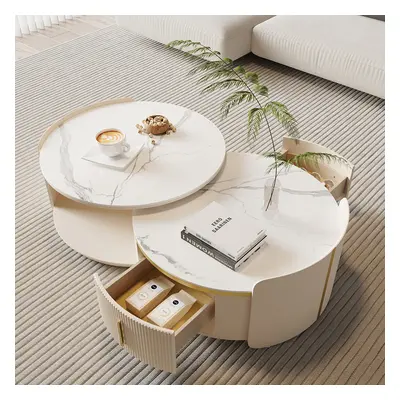 Round Modern Sintered Stone Top Nesting Coffee Table Fluted with Drawer in Off White & Gold