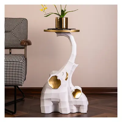 White & Gold End Table with Tray Top Decor Elephant Shape Side Table