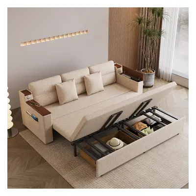 83" Linen Convertible Sofa Bed Beige Full Sleeper Sofa with Storage and Side Pockets