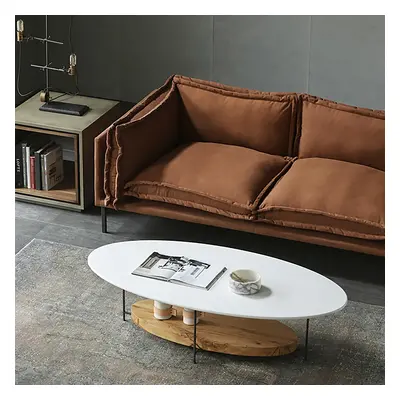 1000mm Modern White & Natural Oval Coffee Table with Storage Shelf Light Wood and Metal