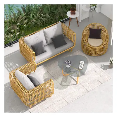 4 Pieces Rattan Outdoor Sofa Set with Glass Top Coffee Table and Cushions in Yellow