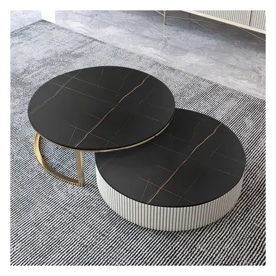 Set of 2 Round Sintered Stone Top Nesting Coffee Table with Drawer Black & Gold