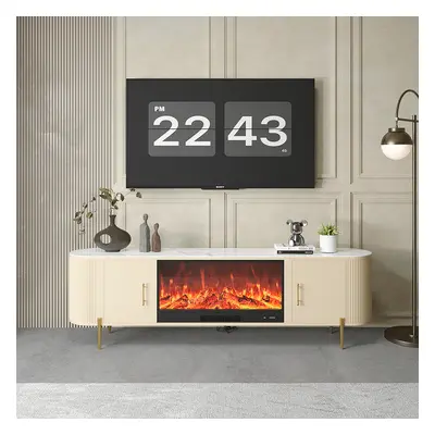 2000mm Modern Beige Electric Fireplace Storage TV Stand Sintered Stone Top with Remote Control