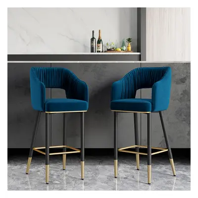 Modern Blue Velvet Counter Height Breakfast Bar Stool with Back & Metal Footrest