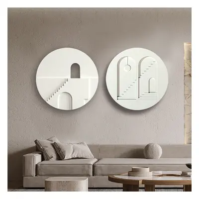 2PCS Minimalist White Round Frosted Abstract Geometric Wood Wall Decor Art Set