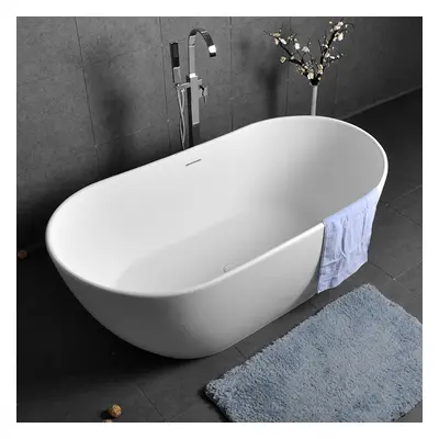 Oval Shape 64 Inch Freestanding Matte White Stone Resin Soaking Bathtub with Overflow