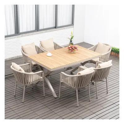 7 Pieces Outdoor Dining Set with Rectangle Table and Woven Rattan Armchair in Natural