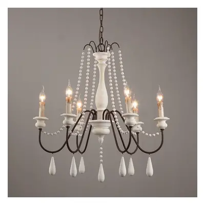 French Country Candle-Style Wood Bead Swag 1-Tier Wooden Chandelier 6-Light in White