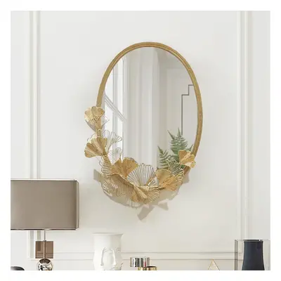 860mm Glam Oval Wall Mirror Hollow-out Ginkgo Leaves in Gold Metal Frame For Bedroom