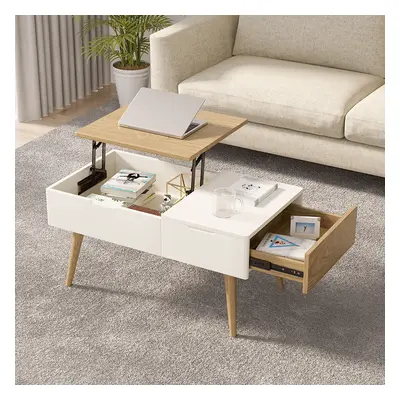 White & Natural Wooden Rectangular Coffee Table with Drawer Lift-Top Storage Table