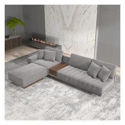 126" Velvet L-Shaped Gray Modular Sectional Sofa with Storage Side Table and Ottoman