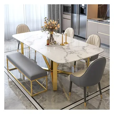 Marby Modern Rectangle 63" Faux Marble Dining Table Gold Base Stainless Steel