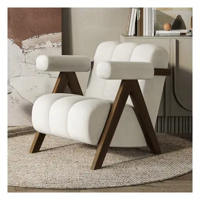 Japandi Beige Accent Chair Velvet Upholstery Armchair with Walnut Frame for Living Room