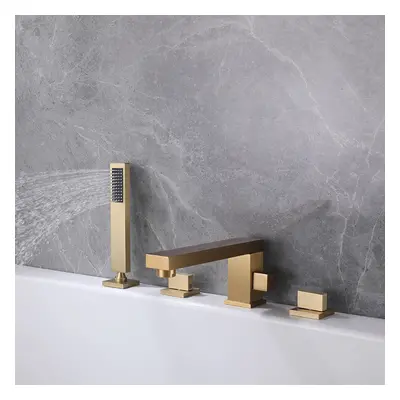 Deck Mounted Bath Filler Tap with Handshower Brushed Gold Swivel Spout