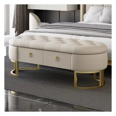 Modern Beige Bedroom Storage Tufted Bench with 2 Drawers in Leather Upholstery