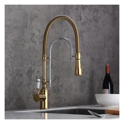 High Arc Dual-Mode Pull-Down Kitchen Faucet Solid Brass with Porcelain Handle