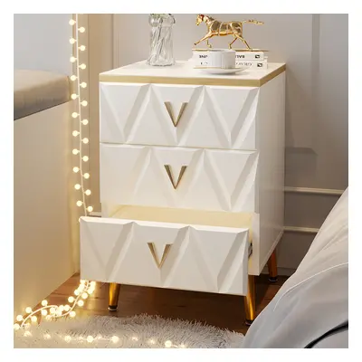 Nordic White Bedside Table 3-Drawer V-Shaped Gold Pulls in Large