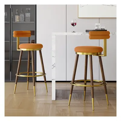 Mid-Century Modern Bar Height Stool Velvet Upholstery Orange with Backrest Set of 2 Counter Stoo