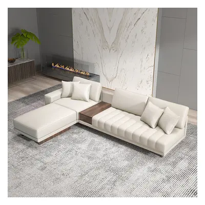 126" Leather L-Shaped Modular White Sectional Sofa with Storage Side Table and Ottoman