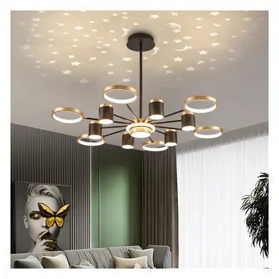 Nordic 12-Light Black & Gold Chandelier LED Ring Starry Reflection Light Dimmable