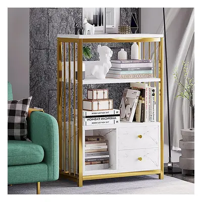 Modern Small Metal Etagere Bookshelf with 2 Drawers in White & Gold