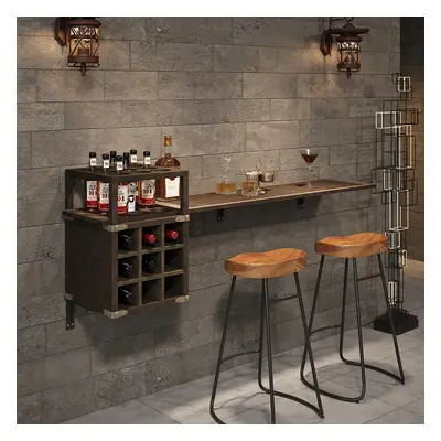 1805mm Wall Mounted Bar Table with Wine Bottle Storage Brown Faux Leather Wood Pub Table