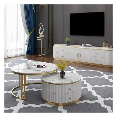 Modern 2 Pieces White Round Nesting Wooden Coffee Table with Drawers Sintered Stone Top